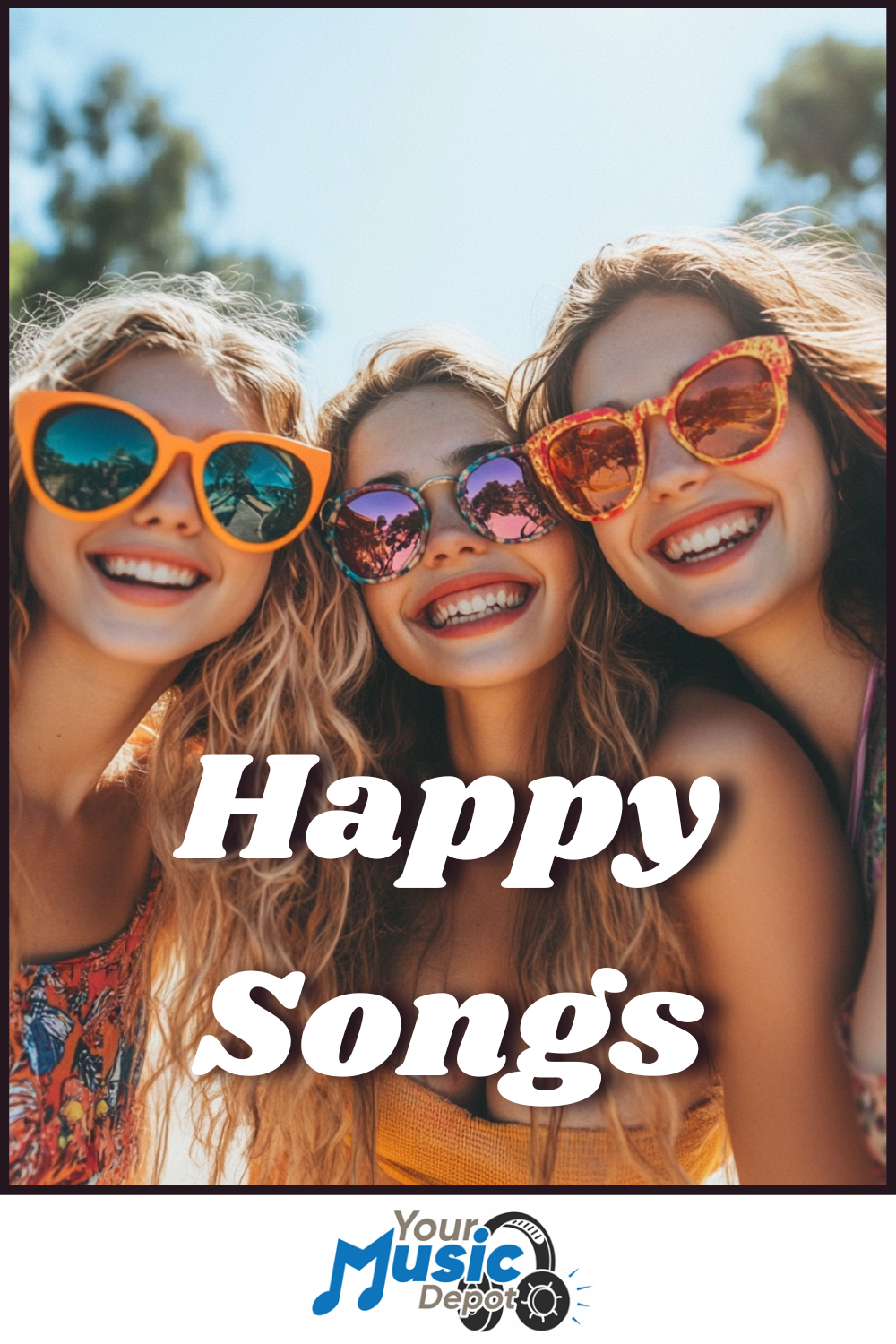 Three smiling people in sunglasses pose outdoors beneath the vibrant "Happy Songs" banner, with the "Your Music Depot" logo nestled at the bottom.