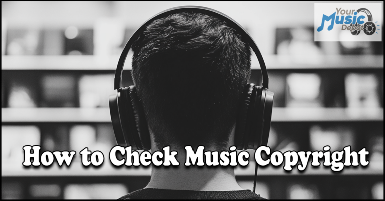 A person with headphones stands before shelves filled with records. Text overlay asks: "Ever wondered How to Check Music Copyright?.