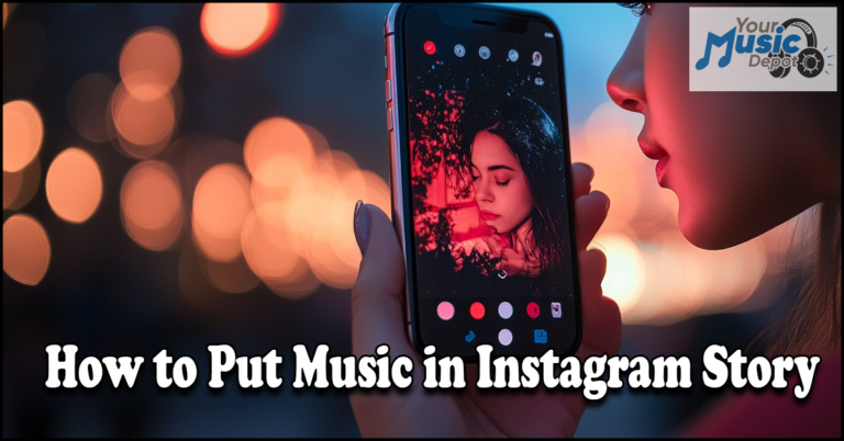 A person holds a smartphone showcasing a photo editing app, surrounded by blurred bokeh lights. The screen displays a guide on "How to Put Music in Instagram Story," helping users enhance their stories with engaging soundtracks.