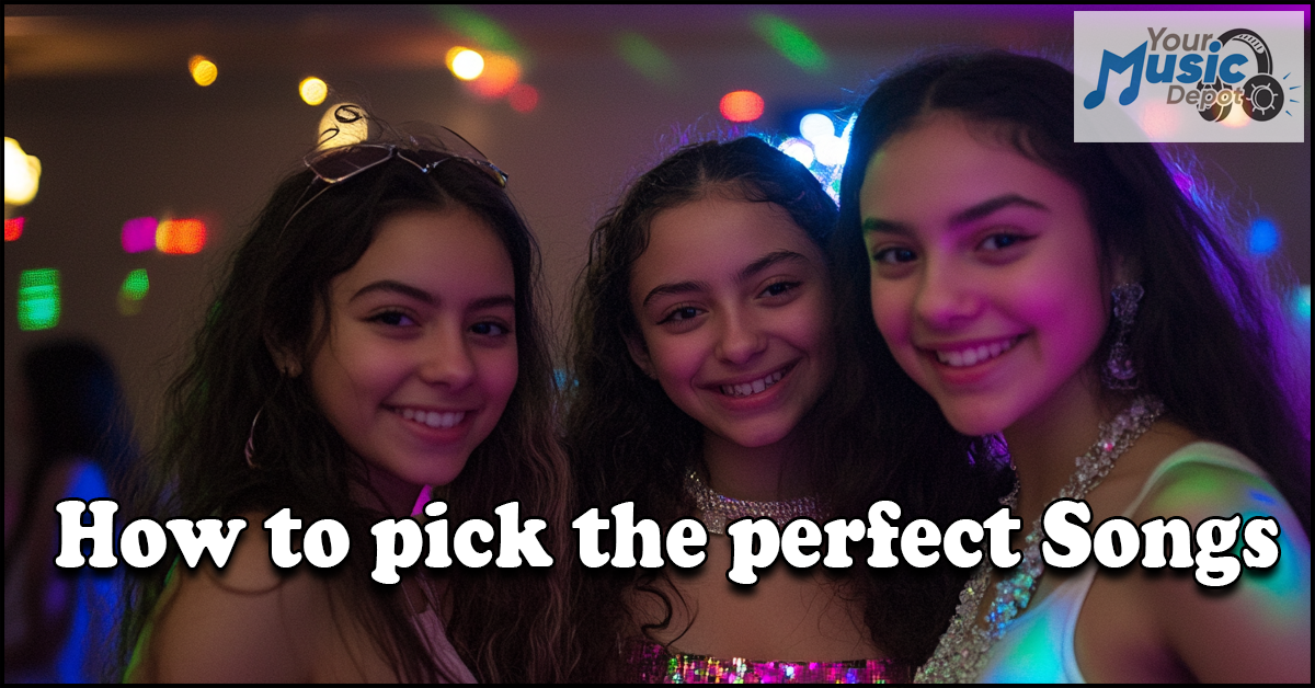 Three smiling young women at a vibrant party with colorful lights, text reads "How to pick the perfect Sweet 16 Songs," Your Music Depot logo in the corner.