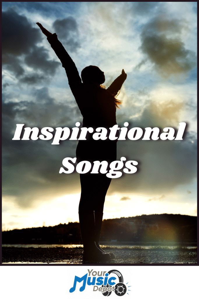 Silhouette of a person with arms raised against a cloudy sky at sunset, with the text "Songs About Heroes" and the "Your Music Depot" logo at the bottom, capturing the uplifting spirit of inspirational songs.
