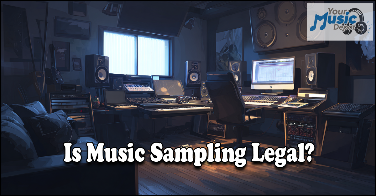 A modern music production studio with various equipment and computer screens, overlaid with the text "Is Music Sampling Legal?" for Your Music Depot.