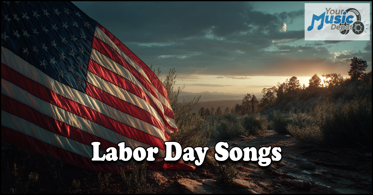 An American flag waves outdoors at sunset with "Labor Day Songs," "Union Songs," and the "Your Music Depot" logo displayed in the image.