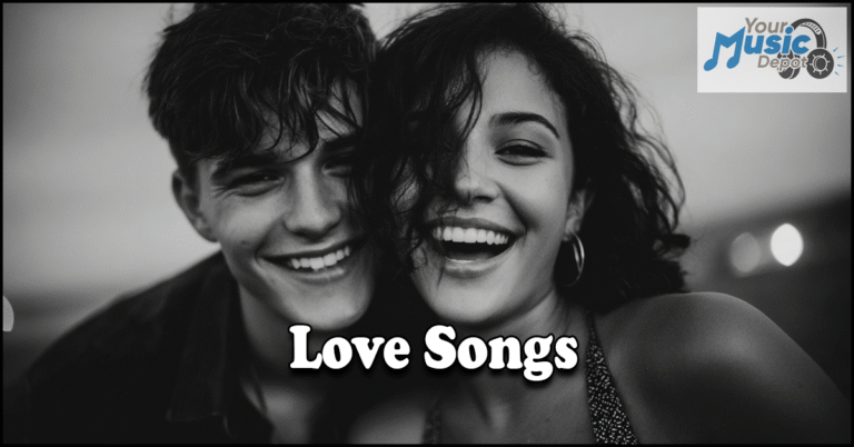 A smiling young couple poses closely together; bold "Love Songs" text is centered over the image, capturing the romance, with a "Your Music Depot" logo in the corner.