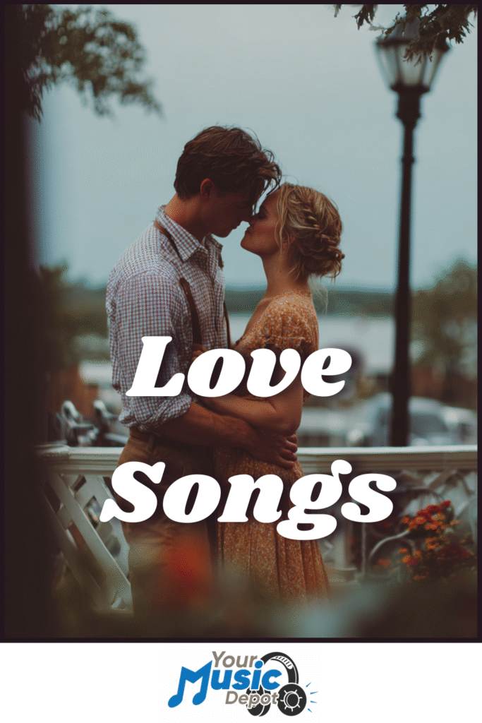 A couple stands close together on a balcony at dusk, sharing an intimate moment beneath the bold "Love Songs" title, with the Your Music Depot logo at the bottom.