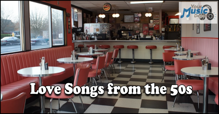 Retro diner with red booths and stools, checkered floor, and a counter featuring signage that reads "Love Songs from the 50s," all while classic crooners serenade you in the background.