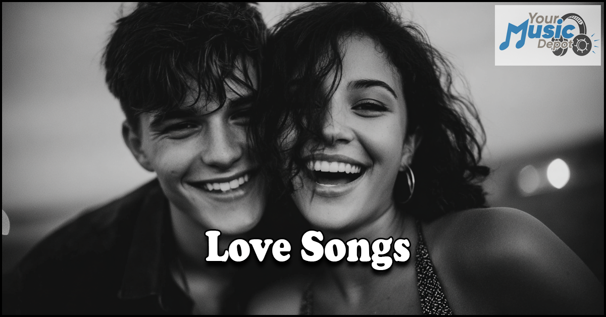 A smiling young couple poses closely together; bold "Love Songs" text is centered over the image, capturing the romance, with a "Your Music Depot" logo in the corner.
