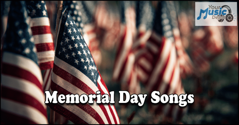 Close-up of several American flags in a field with the text "Memorial Day Songs" celebrating heartfelt Memorial Day songs, alongside a "Your Music Depot" logo in the upper right corner.