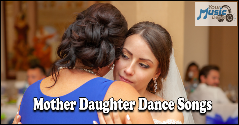 Bride embracing woman in a blue dress on the dance floor. Text reads "Perfect Mother Daughter Dance Songs." A music note graphic graces the corner.