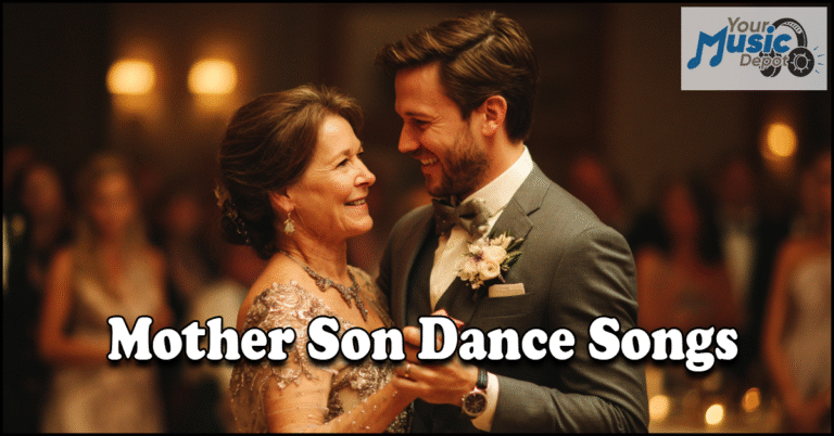 A mother and son dressed formally share a dance at an event, with "Mother Son Dance Songs" displayed beside the Your Music Depot logo, highlighting touching moments perfect for special celebrations.