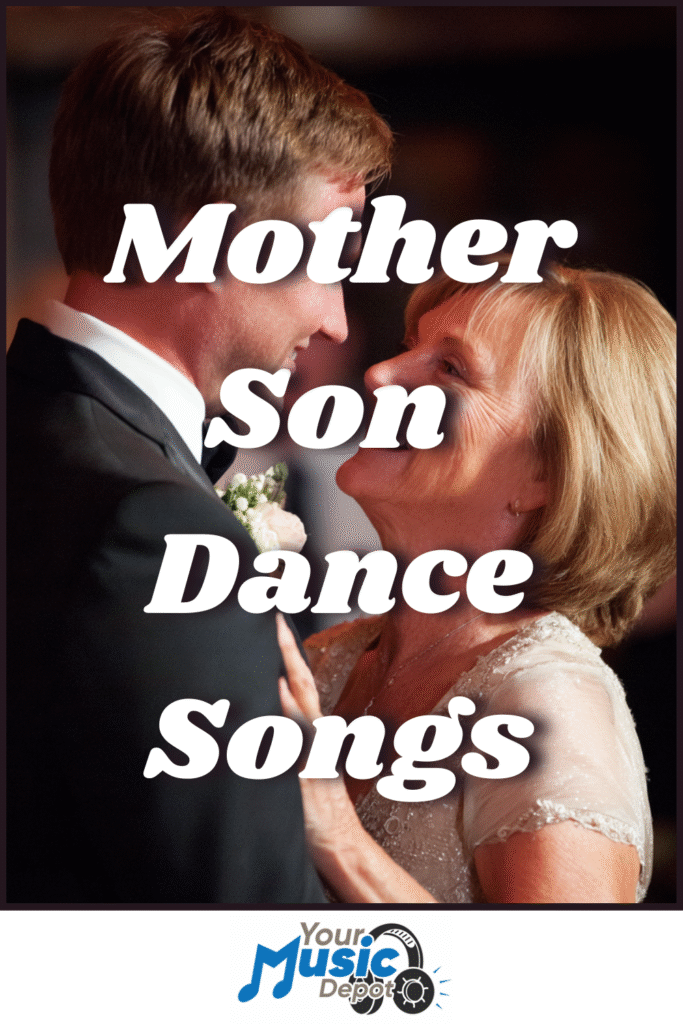 A mother and son smile at each other while dancing at a formal event, with "Mother Son Dance Songs" elegantly displayed on the image-capturing a heartwarming moment perfect for any special playlist.