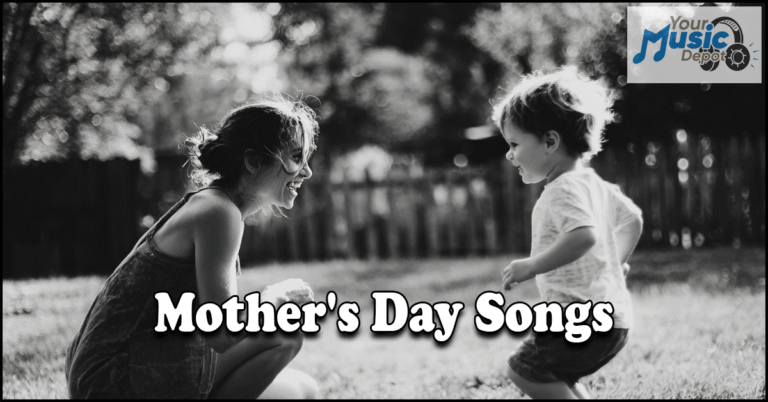 A woman and a young child smile at each other outdoors in this black and white image, featuring the text "Mother's Day Songs"—perfect for celebrating heartfelt moments. The "Your Music Depot" logo is displayed in the top right corner.