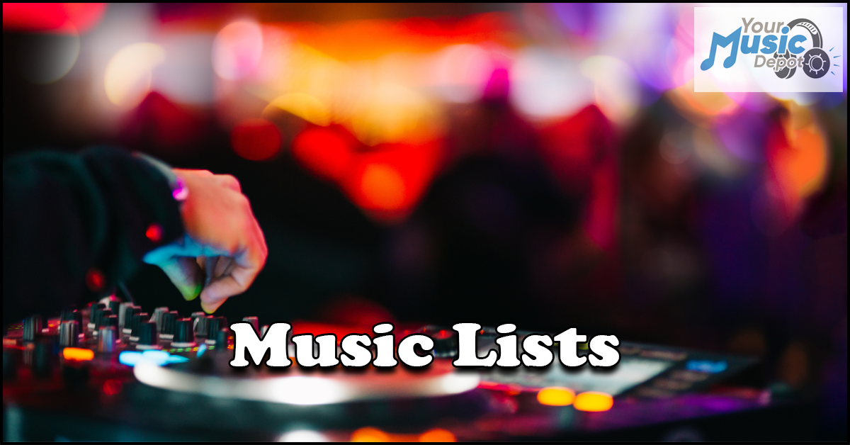 A DJ's hand operates a mixer on a colorful, blurred background. Text overlay reads "Music Lists.