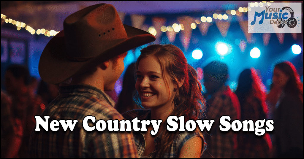 A couple in plaid shirts dances and smiles at a country music event under string lights, with “New Country Slow Songs” text, perfect for School Dance Songs, and a “Your Music Depot” logo.