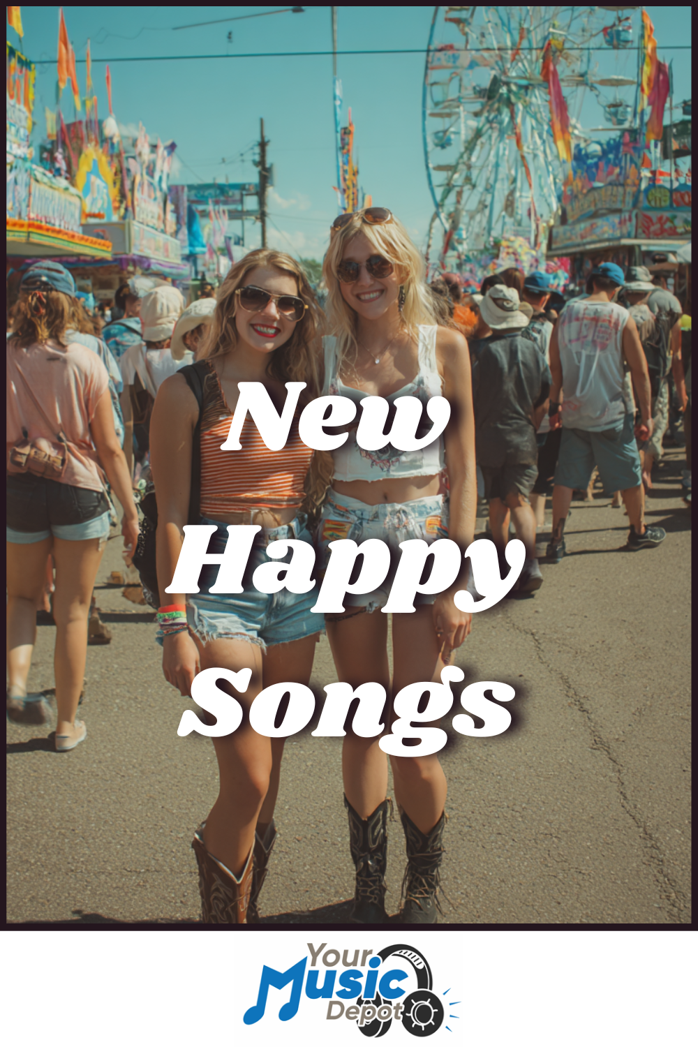 Two young women pose and smile at an outdoor fair; crowds and colorful booths are visible in the background. Text reads: "New Happy Songs Playlist," with a "Your Music Depot" logo at the bottom.