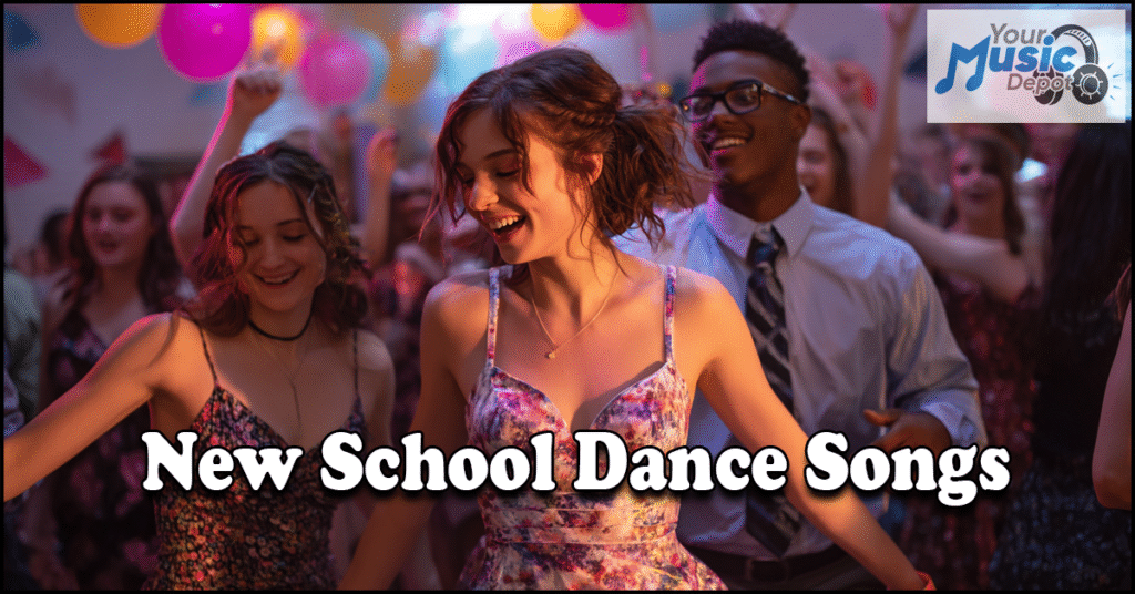 Teenagers in formal attire dance at a decorated school event. The text reads "New School Dance Songs" with a "Your Music Depot" logo in the corner, highlighting the hottest School Dance Songs for your playlist.