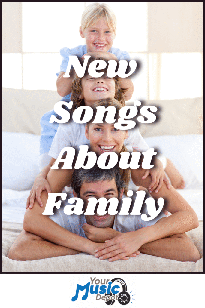 A smiling family of three lies cozily on a bed, with "Songs about Family" text overlay and the "Your Music Depot" logo at the bottom.
