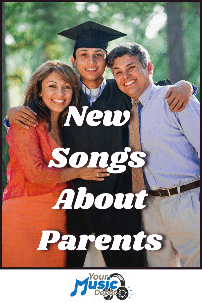 A graduate in cap and gown stands between two smiling adults, likely his parents. Text reads "Songs About Parents." Logo at bottom says "Your Music Depot.