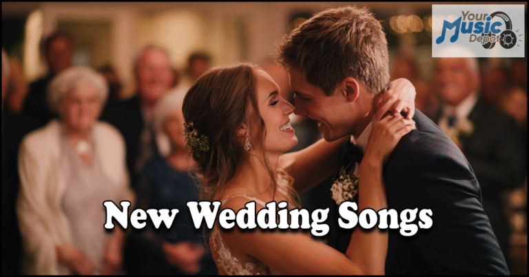 A bride and groom smile and embrace during their first dance at a wedding reception as guests watch in the background. Text reads: "New Wedding Songs"—perfect tunes for your unforgettable moment.