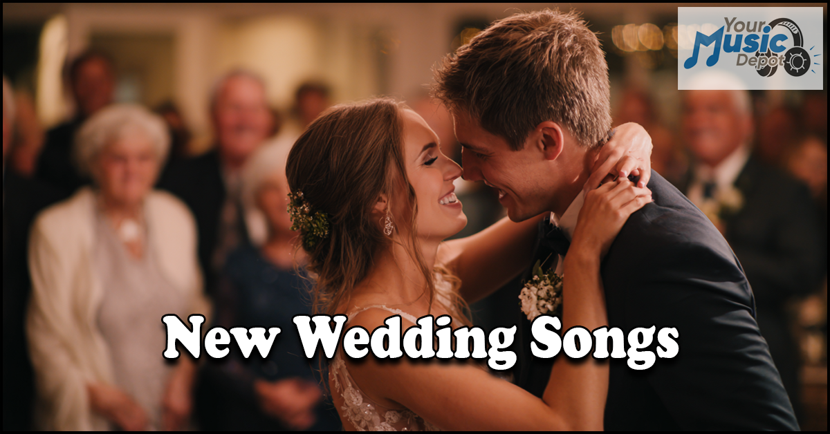 A bride and groom smile and embrace during their first dance at a wedding reception as guests watch in the background. Text reads: "New Wedding Songs"—perfect tunes for your unforgettable moment.
