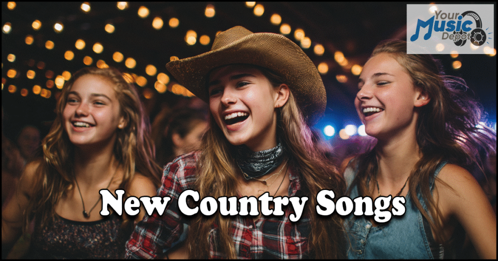 Three young women, one in a cowboy hat, smile and dance under string lights. Text reads "New Country Songs & School Dance Songs" with a "Your Music Depot" logo in the top right corner.