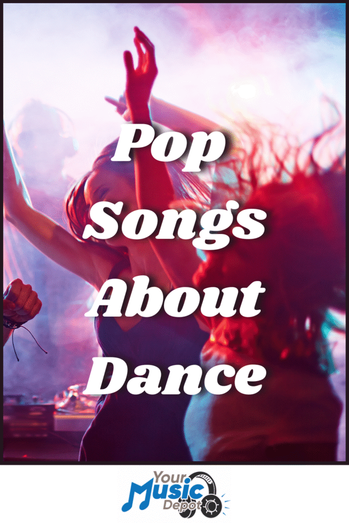 People dancing in a lively club with colorful lights and smoke, overlaid with the text "Songs About Dancing" and a "Your Music Depot" logo at the bottom.