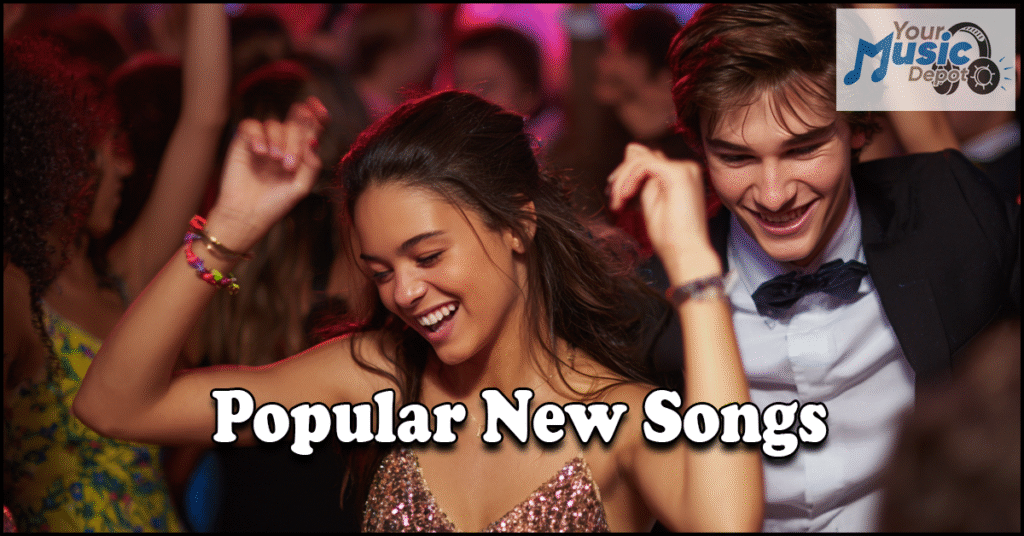 Young people dancing at a party with "Popular New Songs" text overlay, perfect for discovering the latest School Dance Songs, and the "Your Music Depot" logo in the corner.