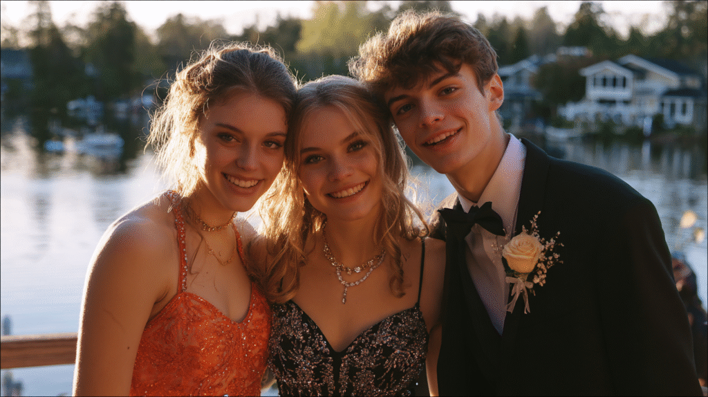 Three young people dressed in formal attire pose together outdoors near a lake at sunset.