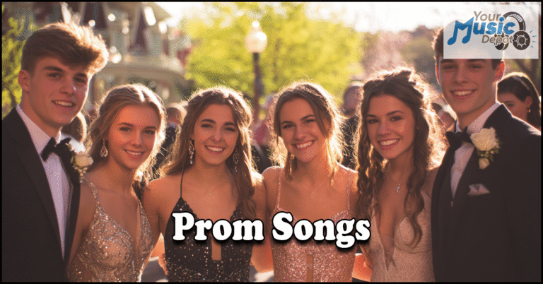 A group of teenagers in formal attire pose and smile outdoors at a prom event; text reads "Prom Songs" with a "Your Music Depot" logo in the corner.