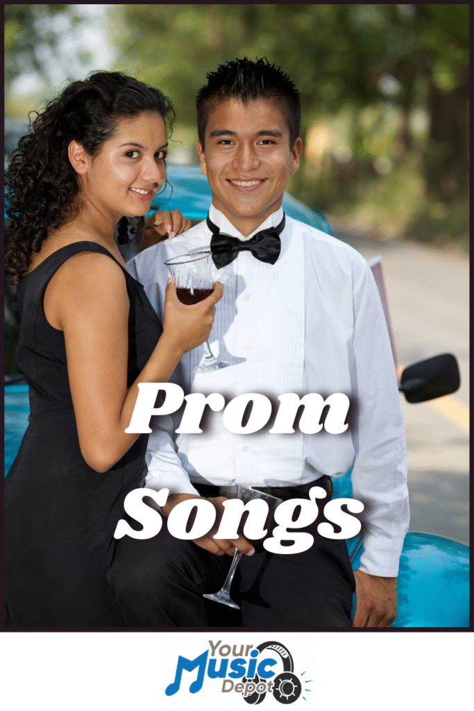 A teenage couple dressed in formal prom attire poses outdoors with drinks, leaning against a blue car. Text reads "Prom Songs.