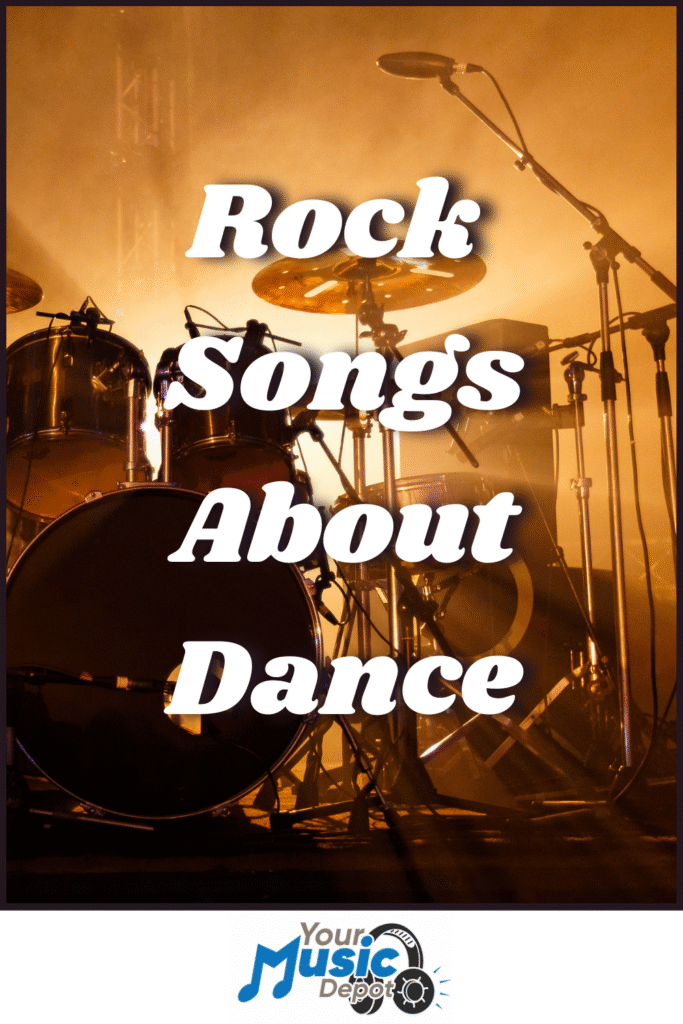 A drum set and microphones on stage with dramatic lighting, overlaid with the text "Songs About Dancing" and a "Your Music Depot" logo at the bottom.