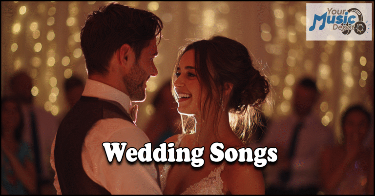 A bride and groom share a first dance at their wedding reception, set to beautiful Wedding Songs. The text “Wedding Songs” and a “Your Music Depot” logo are displayed.