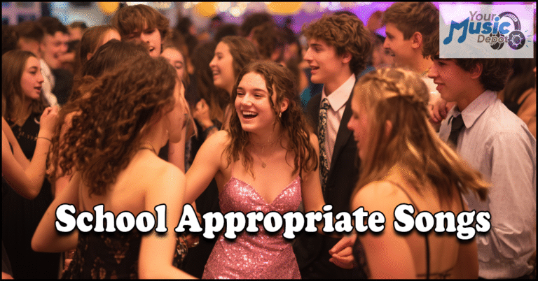 A group of teenagers in formal attire dance and chat at a school event; text reads "School Appropriate Songs" to highlight the upbeat playlist, with a "Your Music Depot" logo in the corner.