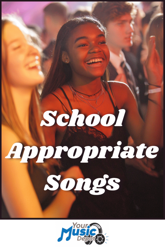 Group of teenagers dancing and smiling at a school event, celebrating to School Appropriate Songs. The text "School Appropriate Songs" and the Your Music Depot logo are featured at the bottom.