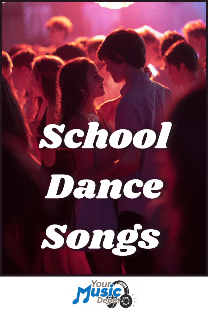 Teenagers dancing at a school event under colorful lights, with "School Dance Songs" featured boldly and the "Your Music Depot" logo displayed at the bottom.