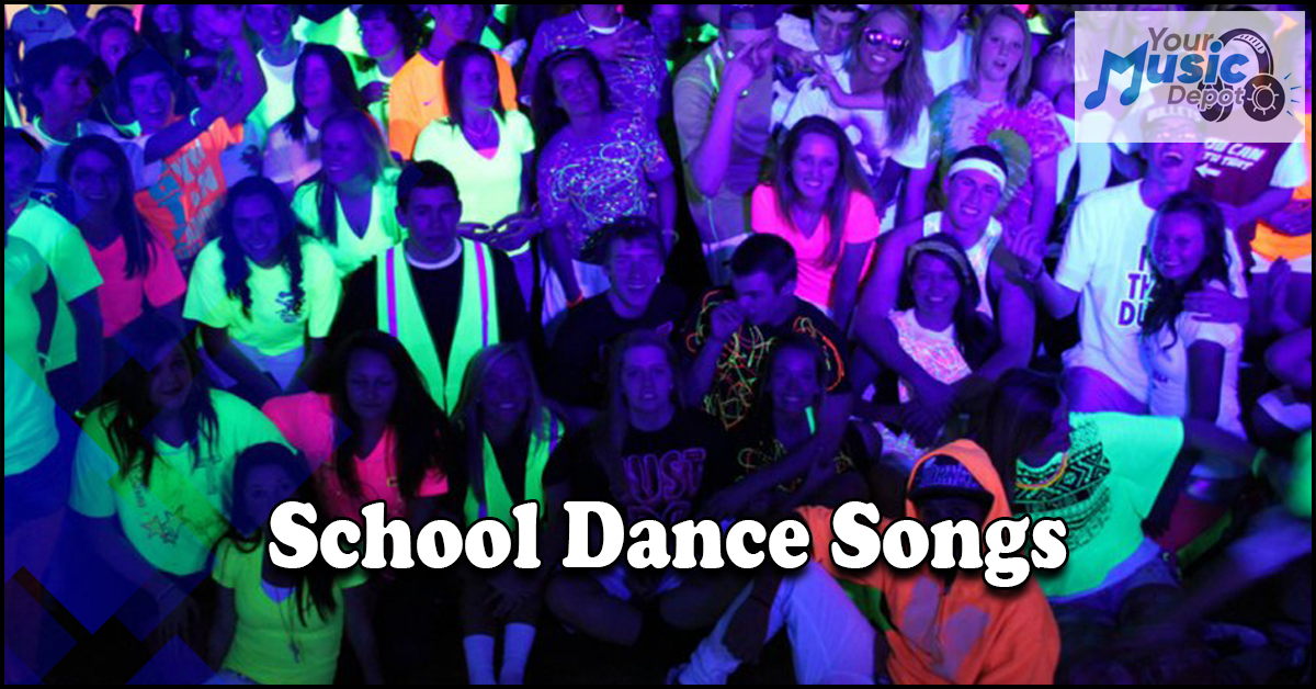 A large group of teens in neon clothing poses at a school dance under blacklights, with the text "School Dance Songs" highlighting the event and a "Your Music Depot" logo displayed.