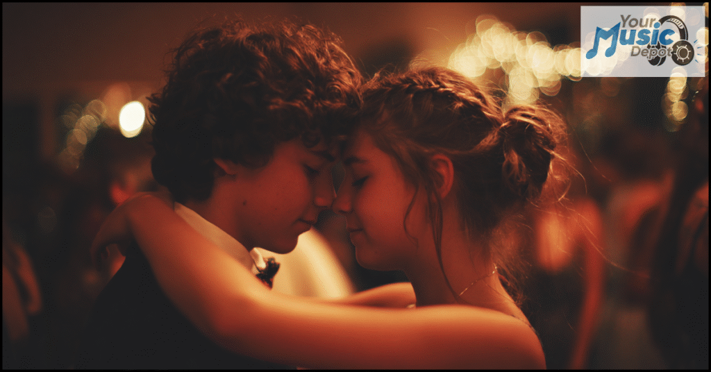 Two teenagers swaying to slow songs, dancing closely with their foreheads touching at a formal event, soft lights glowing and a "Your Music Depot" logo in the background.