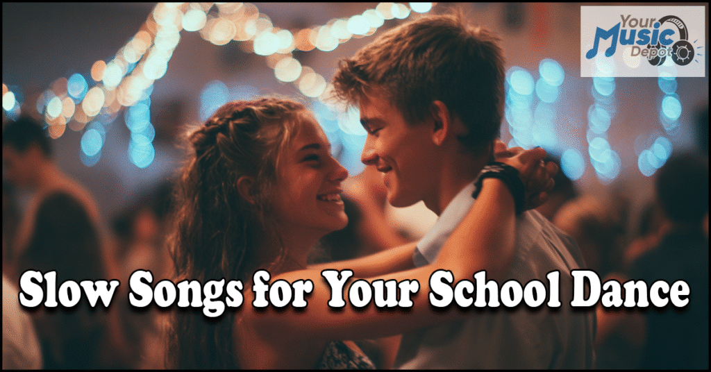 Two teenagers smile while slow dancing at a school dance, with string lights in the background. Text reads: "School Appropriate Songs for Your Dance. Your Music Depot.