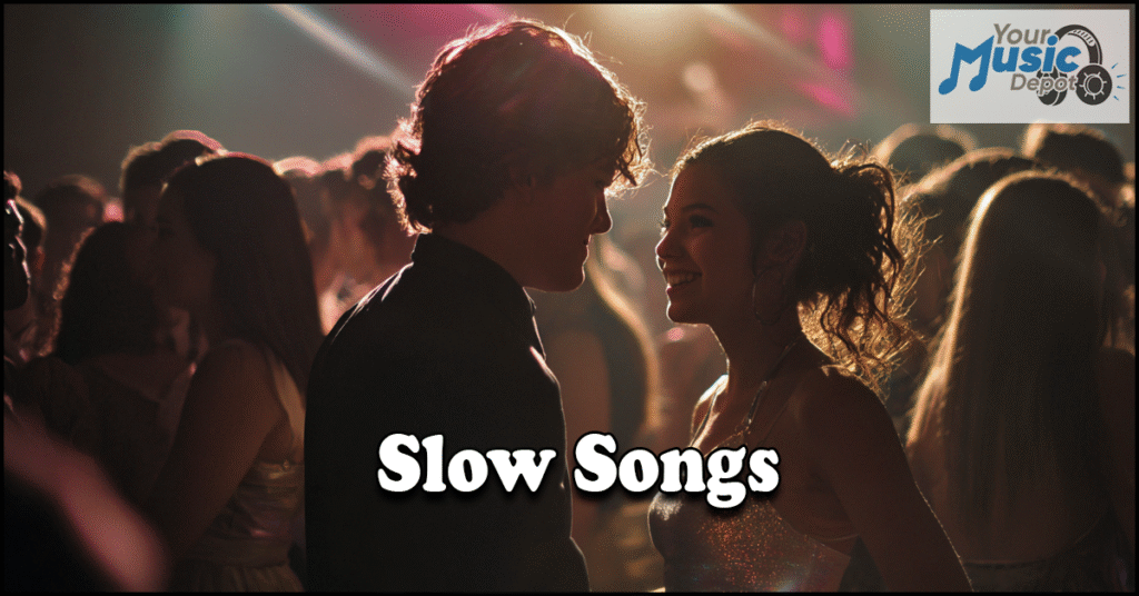 Two people stand close together, smiling at each other on a crowded dance floor under colorful lights. The text reads "Slow Songs" and a logo says "Your Music Depot"-perfect for unforgettable School Dance Songs moments.