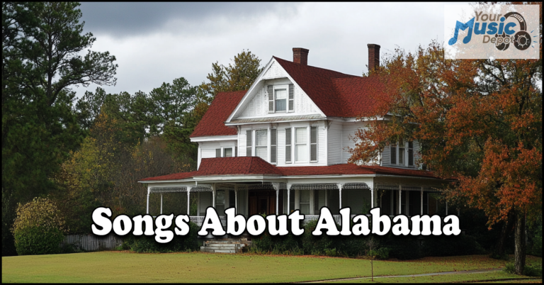 A large house with a red roof is nestled among trees, the text "Alabama Anthems" elegantly placed over the image.