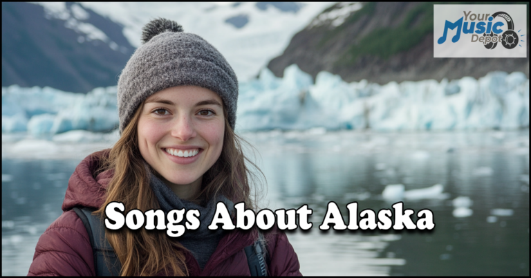 A person in winter clothing smiles by an icy lake with mountains in the background. Text reads: "Northern Wilderness Songs.