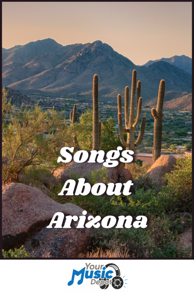 A breathtaking desert landscape with cacti silhouetted against a sunset, punctuated by the bold text "Songs About Arizona" and a subtle logo nestled at the corner.