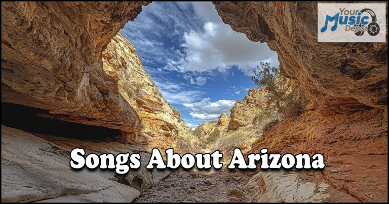 Rocky canyon view titled "Songs About Arizona" with a music store logo in the corner, celebrating the spirit of Arizona folk songs.