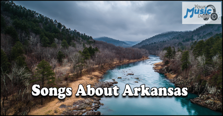 Songs About Arkansas A river flows through a forested, hilly landscape under a cloudy sky, capturing the spirit of Arkansas blues music. The text "Songs About Arkansas" and a "Your Music Depot" logo appear in the corner.