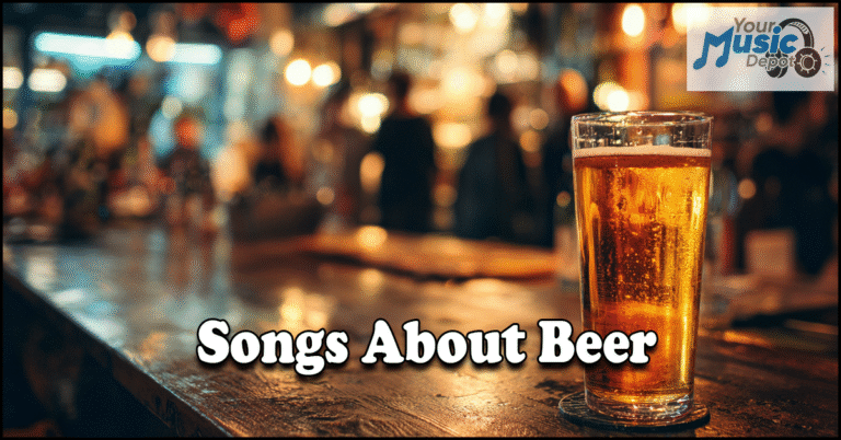 A glass of beer sits on a wooden bar counter beneath blurred lights; “Songs About Beer” appears boldly, highlighting this playlist from Your Music Depot.
