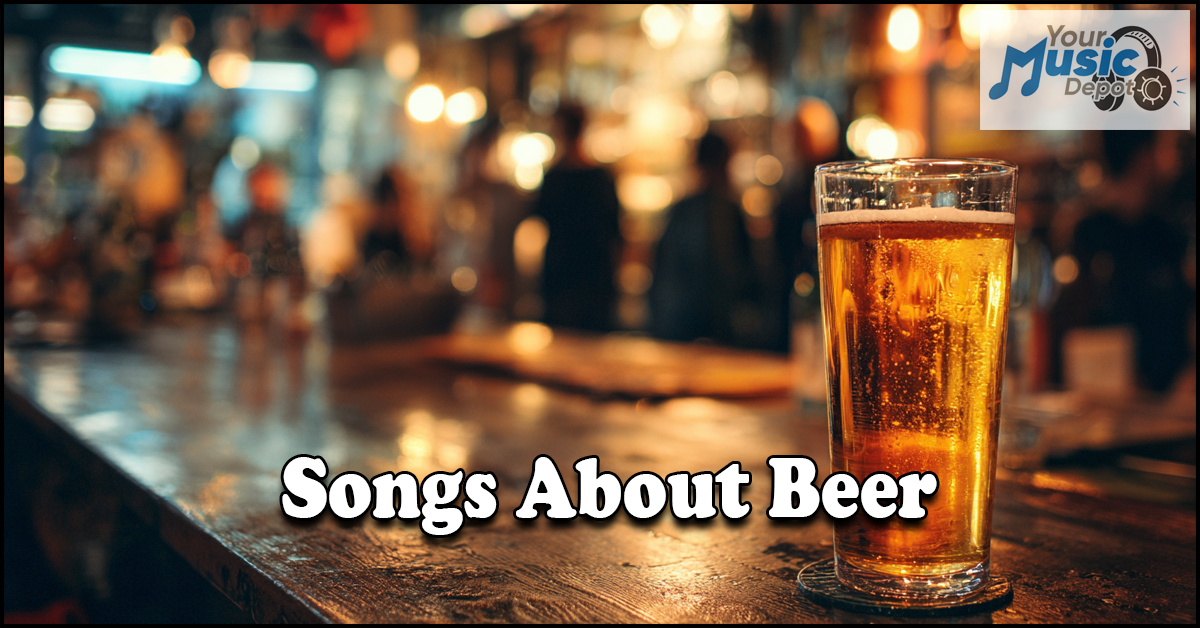 A glass of beer sits on a wooden bar counter beneath blurred lights; “Songs About Beer” appears boldly, highlighting this playlist from Your Music Depot.