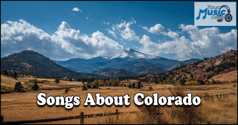 Songs About Colorado A scenic landscape of mountains and fields under a partly cloudy sky with the text "Songs About Colorado" celebrates Colorado music, featuring a "Your Music Depot" logo in the corner.