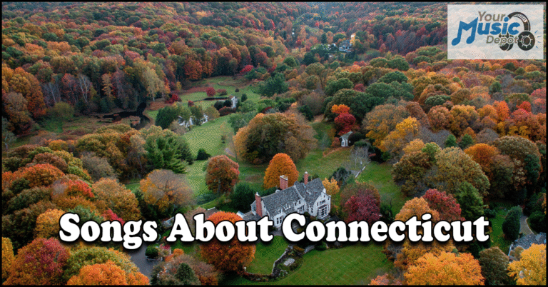 Songs About Connecticut Aerial view of a large house surrounded by colorful autumn trees, with the text "Songs About Connecticut," featuring Connecticut folk songs and a Your Music Depot logo.