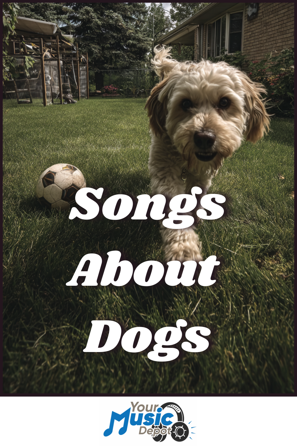 A small dog walks toward the camera on grass next to a soccer ball, with "Songs About Dogs" over the image and the Your Music Depot logo at the bottom, highlighting playful tunes for dog lovers.