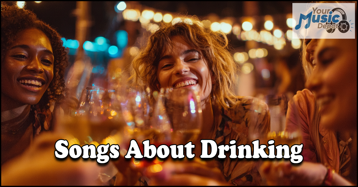 A group of people smiling and toasting with drinks at night; text reads “Songs About Drinking,” setting the mood for a lively playlist, with a music logo in the corner.
